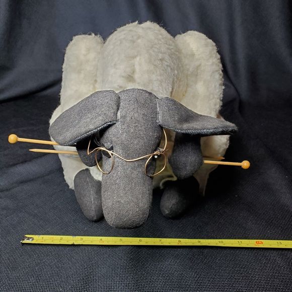 Plush Knitting Granny Sheep Stuffed Animal Black White Knit Needle Sewing 14” - Picture 10 of 16